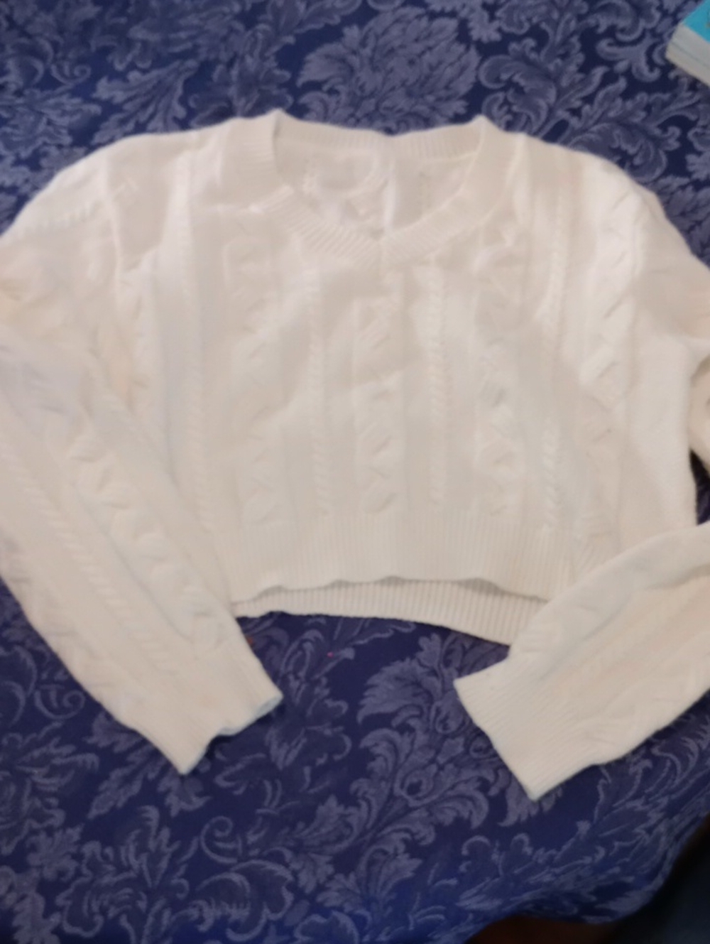 Girl's White Cable Knit V-Neck Sweater